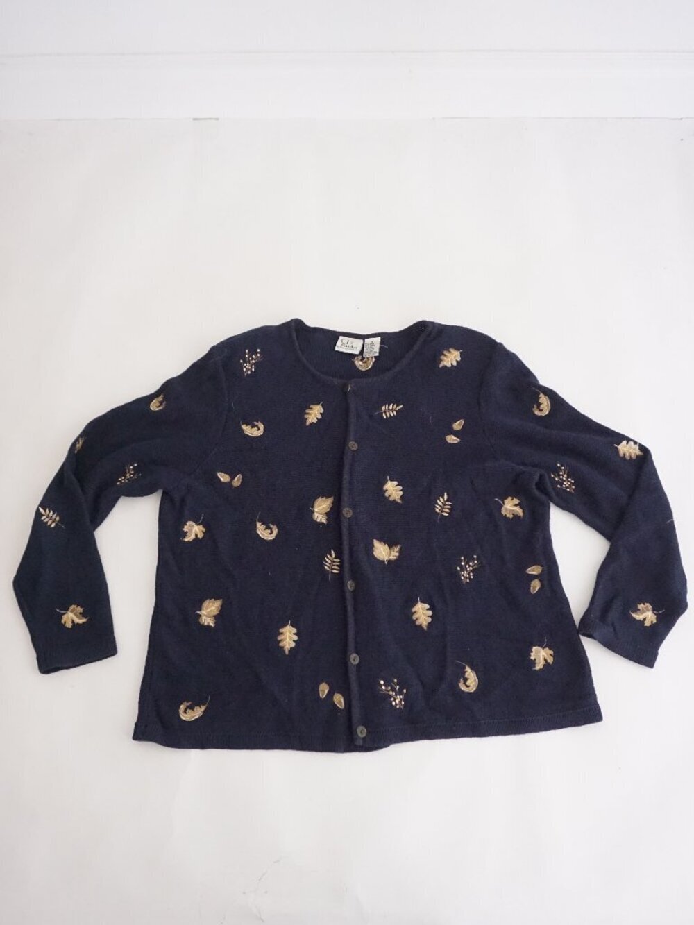 Vintage CJ Banks Navy Leaf Floral Patterned Embroidered Knit Cardigan 1X